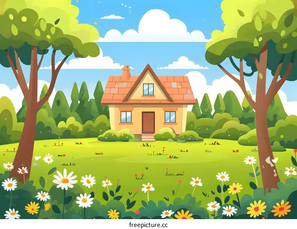 Cute Yellow House with Green Trees and Flowers