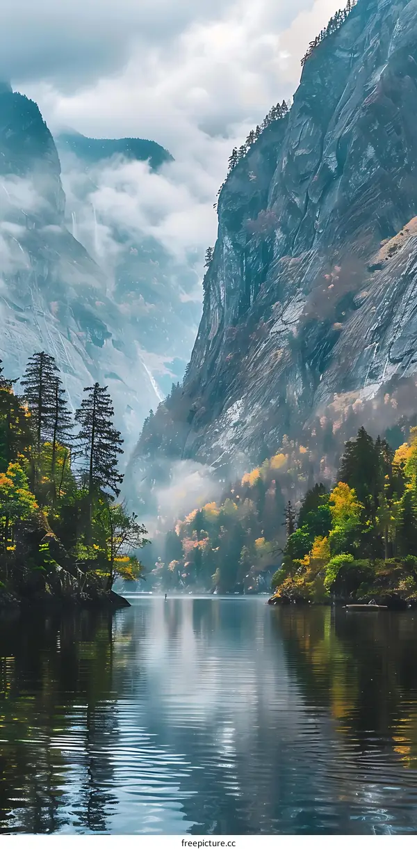 Misty Mountain Lake with Trees
