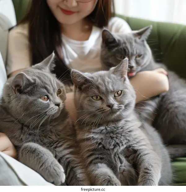 A woman is sitting on a couch with three British Shorthair cats