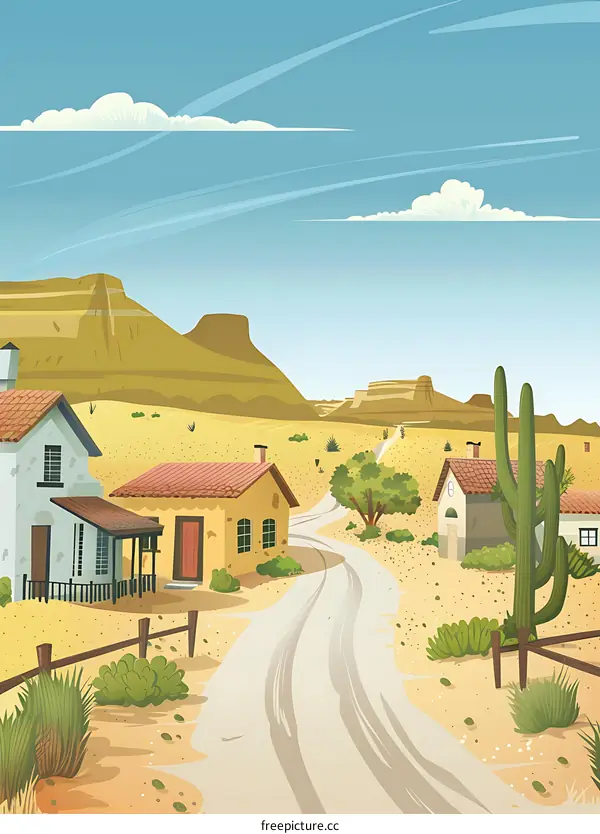 Desert Landscape with Houses and Cactus