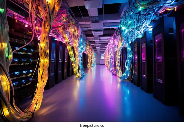 Server Room with Multicolored Cables and Lights