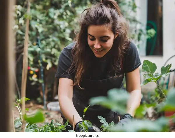 Young Woman Gardener Tending to Plants in Backyard
