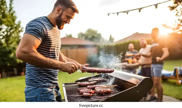 Man Grilling Meat for Friends at Backyard Barbeque Party