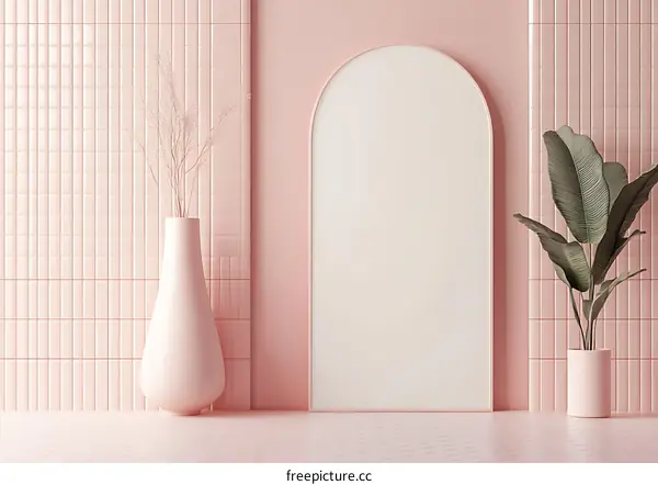 Minimalist Pink Wall With Arched White Frame For Mockup