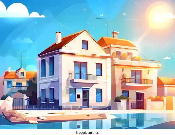Cartoon Illustration Of Beach Houses On Sunny Day