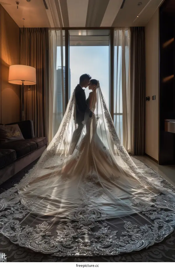 Asian couple in wedding dress standing in a room with floor-to-ceiling windows