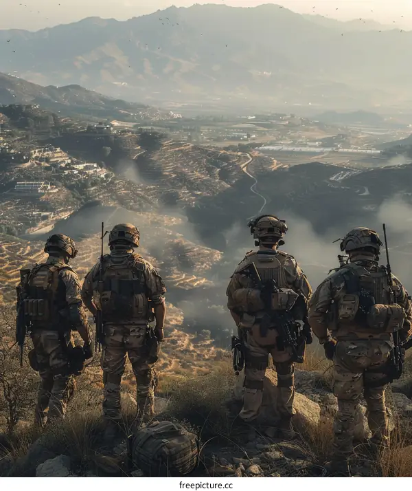 Four soldiers in combat gear looking over a valley
