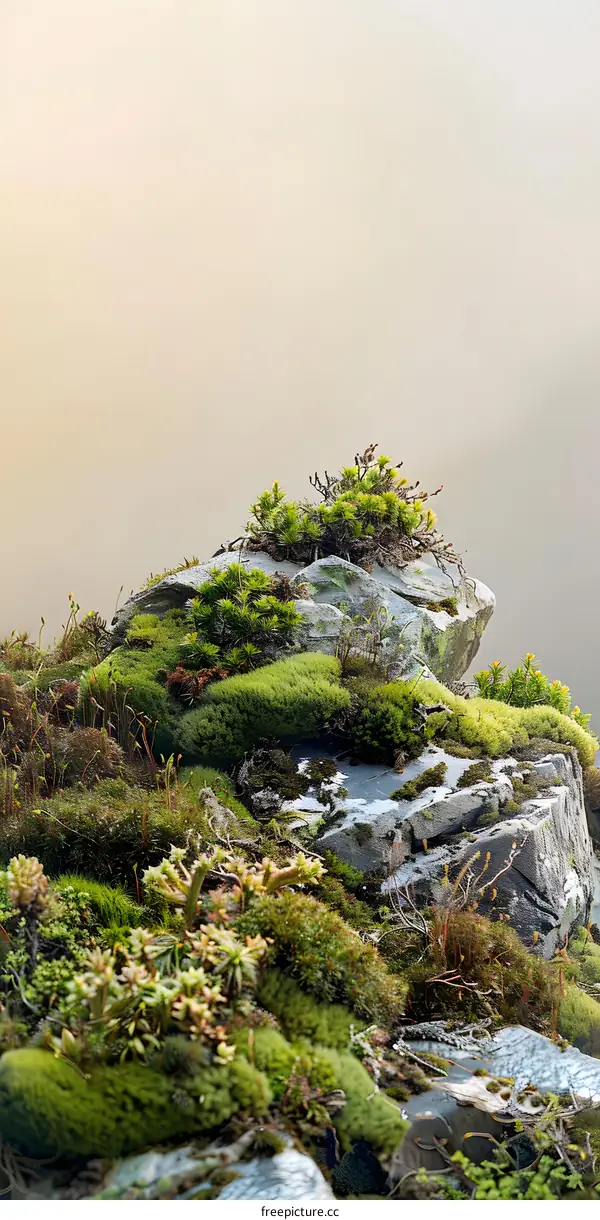 Green Mossy Rock Formation in Misty Background