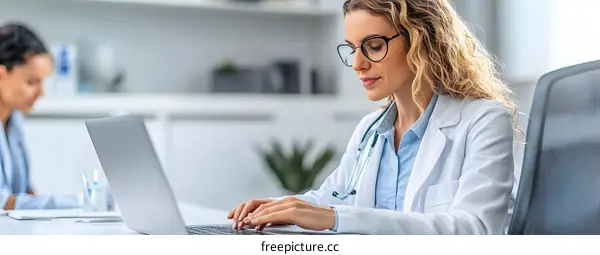 Female Doctor Working on Laptop in Office