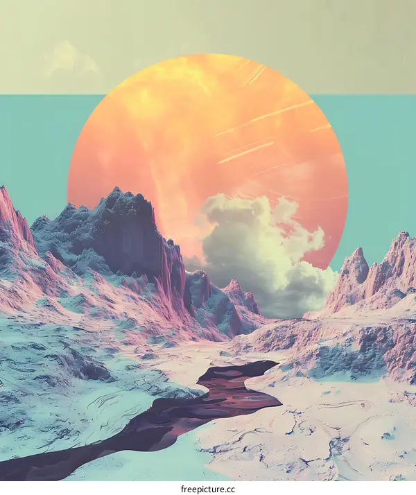 Abstract Mountain Landscape With Large Sun