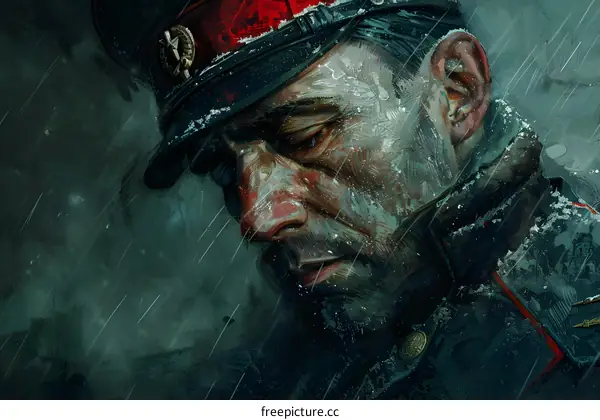A soldier with a red hat in the rain