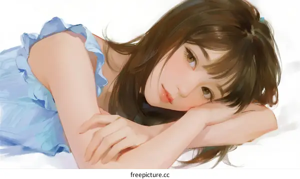 A Young Woman in Light Blue Dress Lying on Bed