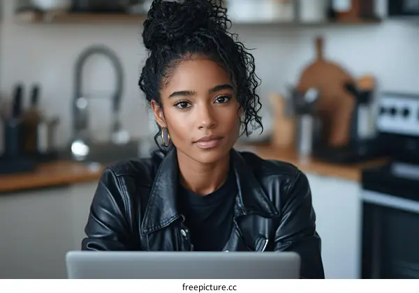 Focused Young Woman at Laptop in Kitchen