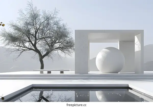 Minimalist Architectural Scene with Sphere and Tree