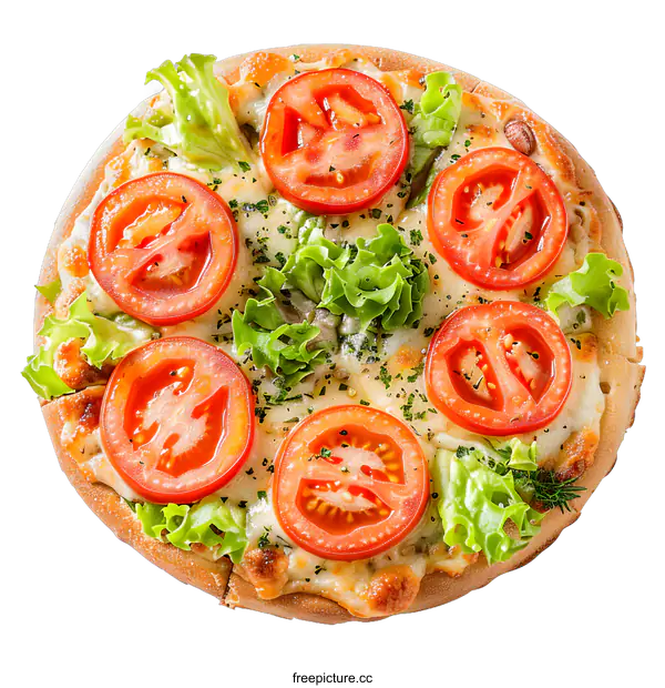 [Transparent Background PNG]Freshly Baked Pizza with Tomatoes and Lettuce