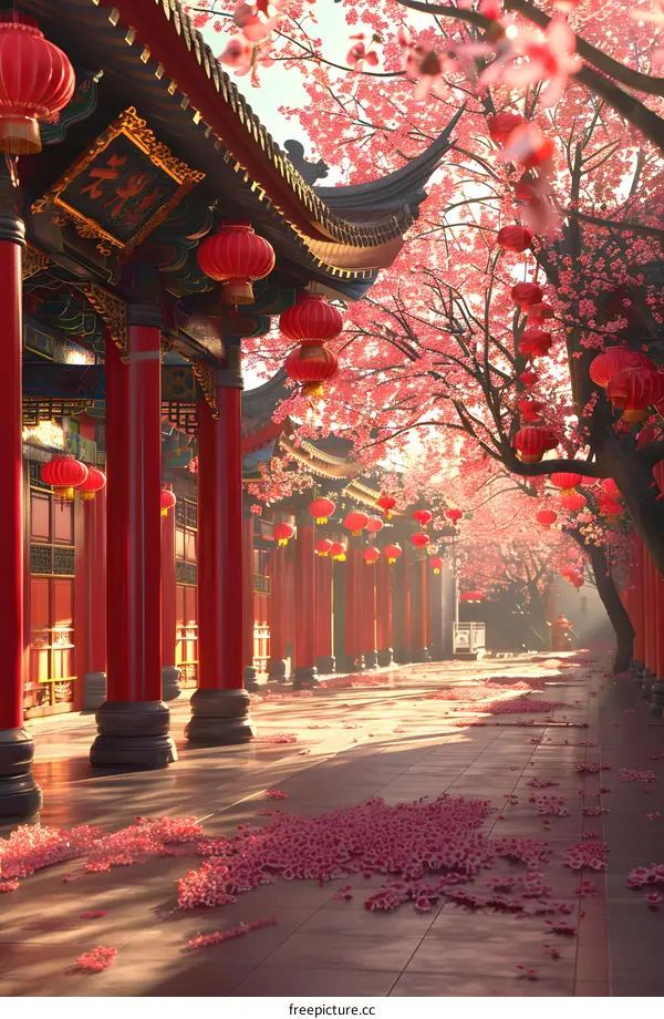 Chinese architecture and cherry blossoms