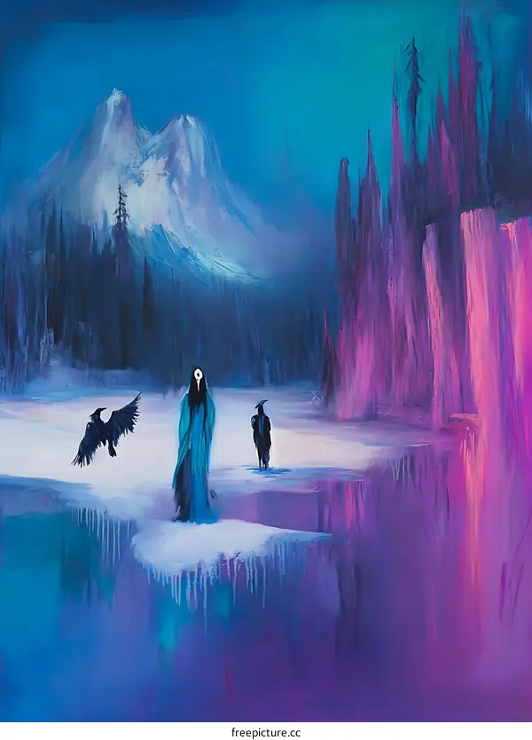 Woman Standing With Ravens in a Snowy Landscape