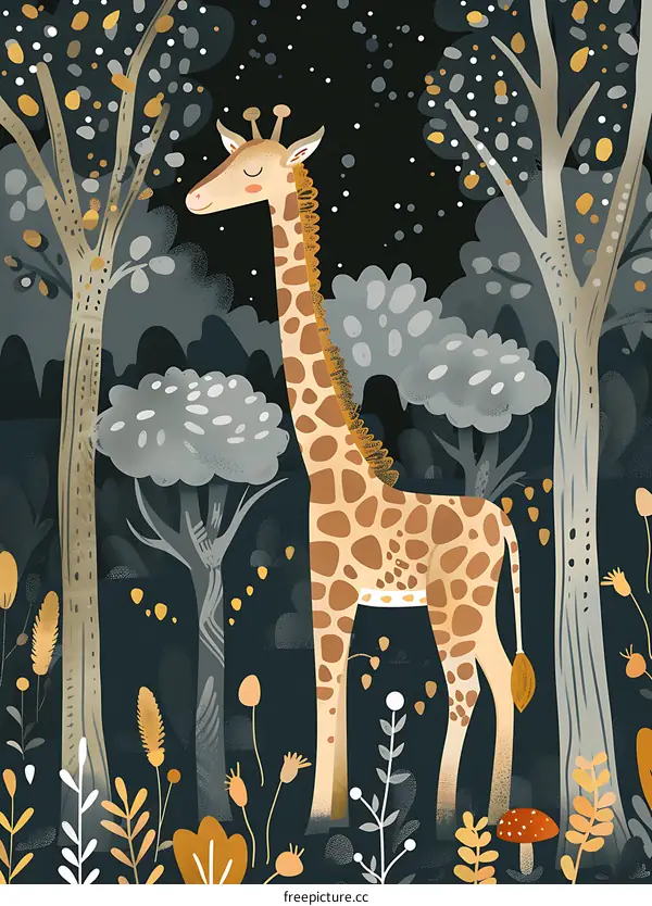 Giraffe Illustration In Forest With Black Background