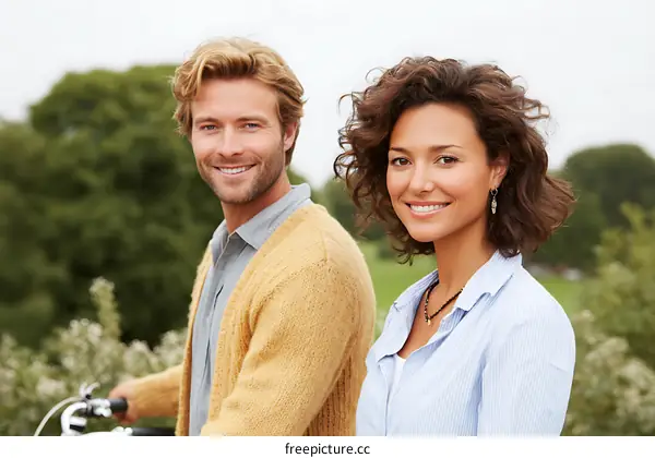 Couple Posing Outdoors with a Bicycle