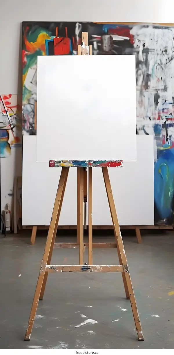 Blank Canvas on Wooden Easel in Art Studio