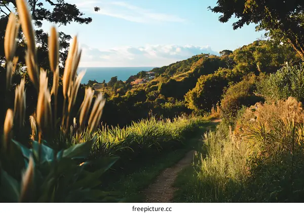 Path Through Lush Green Landscape With Ocean View