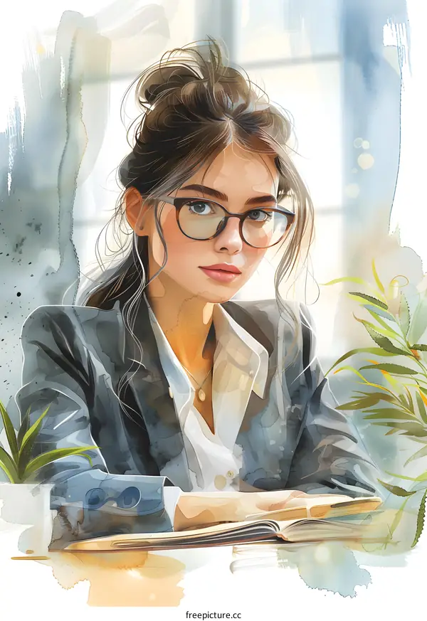 portrait of a beautiful young woman in glasses reading a book