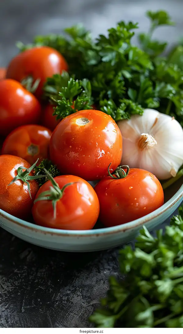 Fresh organic tomatoes and garlic in a bowl with parsley