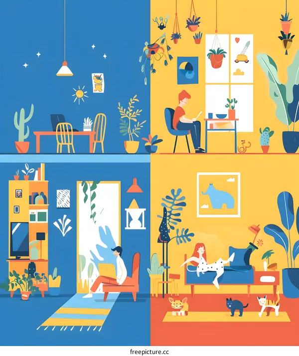 Colorful Illustration of a Home with People and Pets