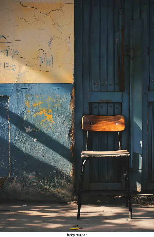 Old Chair Against Blue Wooden Door With Yellow Wall