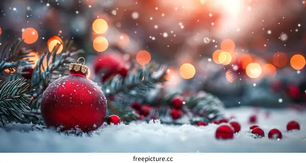 Red Christmas ball with snow and blurred lights in the background