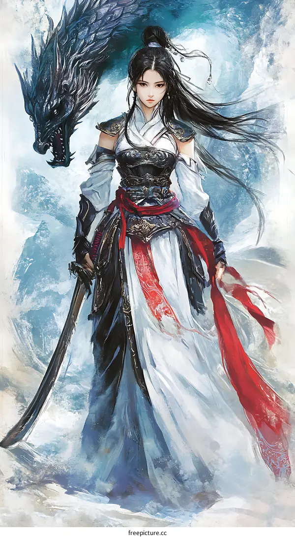 Fantasy Illustration of a Woman Warrior with Dragon and Sword