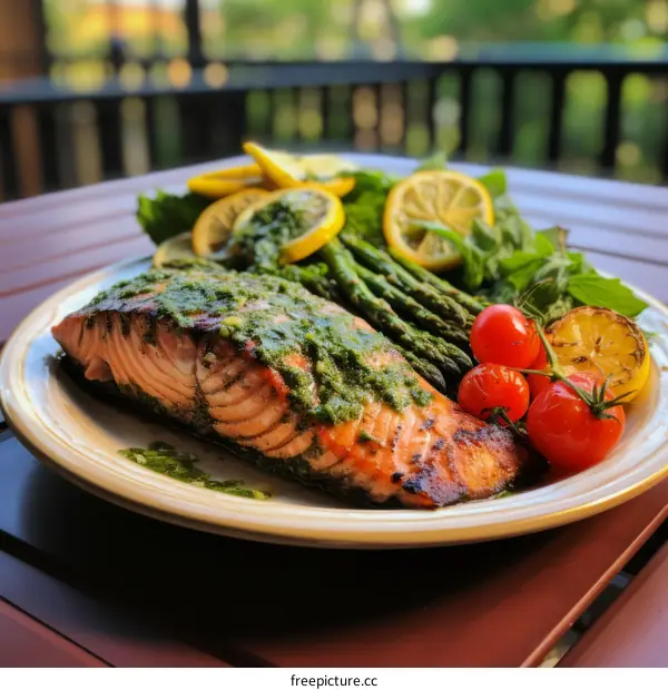 Grilled salmon with asparagus, tomatoes, and lemon