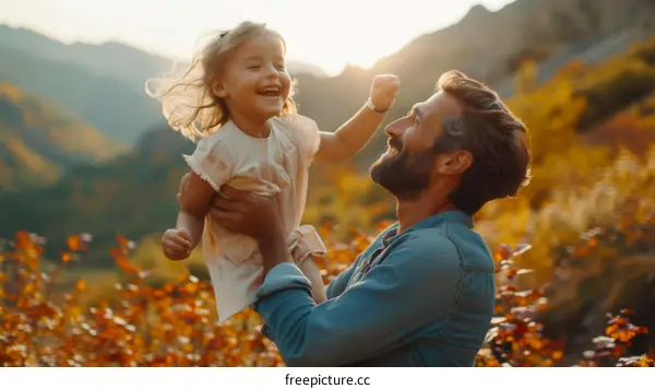 Happy father and daughter playing in the autumn forest