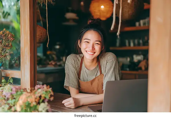 Asian Woman Smiling at Laptop in a Cozy Shop