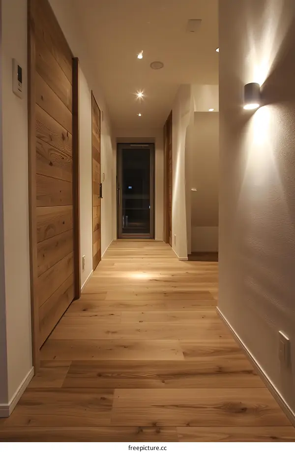Modern Hallway Interior Design With Wooden Floor And Doors