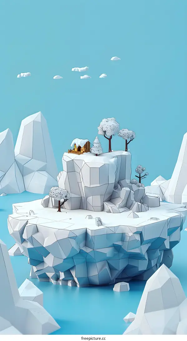 Low Poly Winter Landscape With Cabin