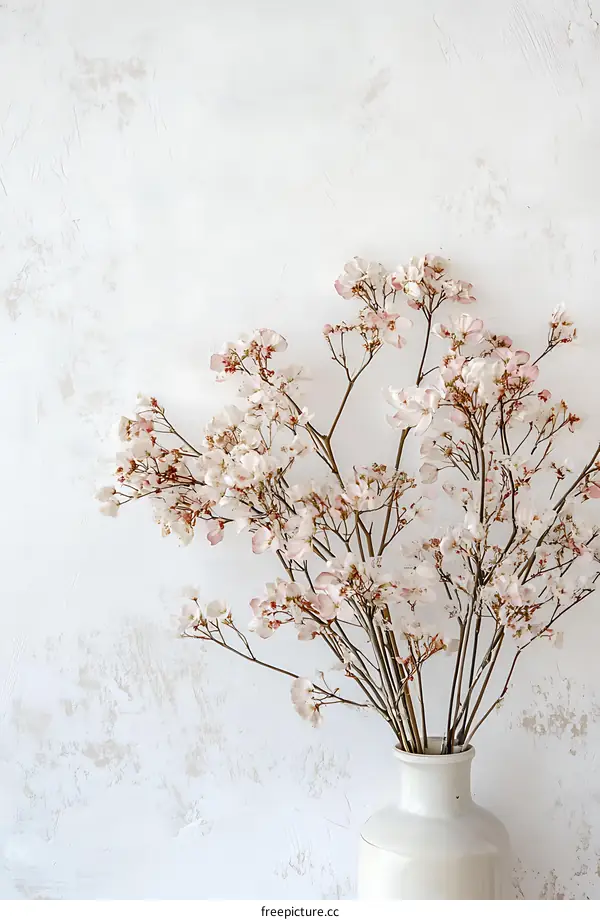 White Vase with Delicate Pink Flowers on Textured Wall