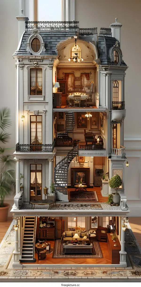 Exquisite detailed interior of a classic European style dollhouse