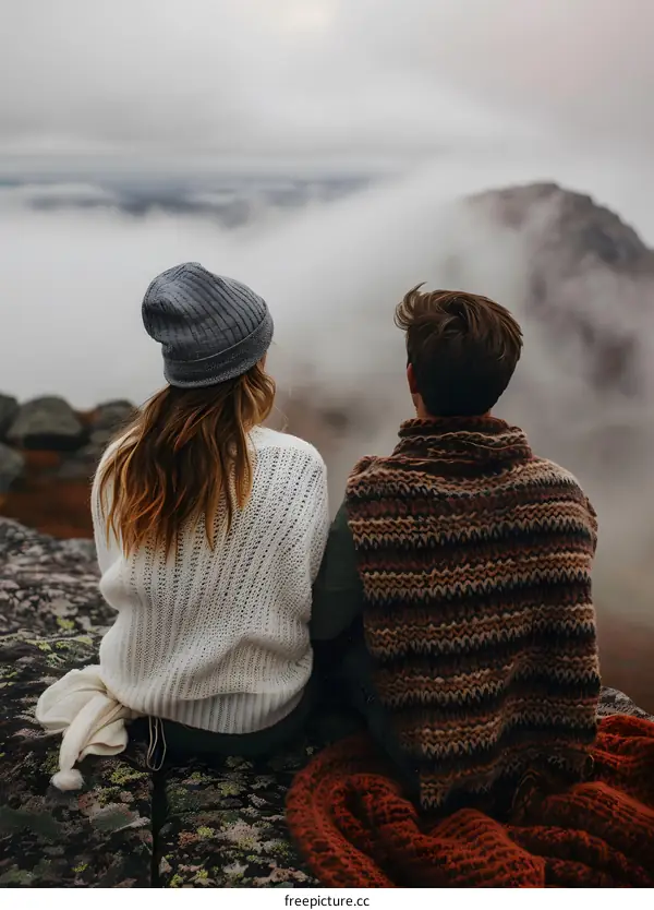 Couple Sitting On Mountain Top Watching Fog