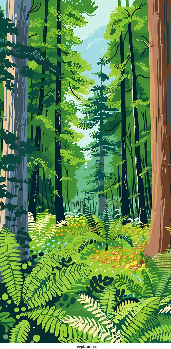 Illustrated Green Forest Landscape With Ferns and Trees