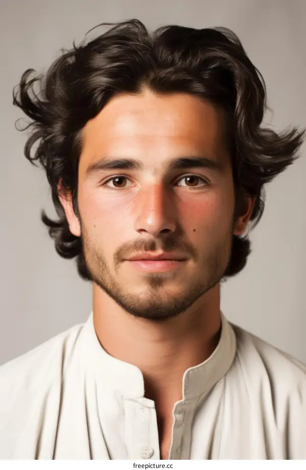 Portrait of a young man with long brown hair and light brown eyes. He is wearing a white shirt.