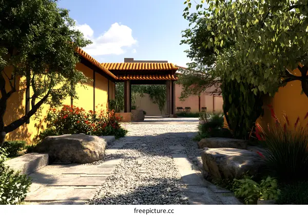Stone Pathway in Chinese Garden with Green Trees and Flowers