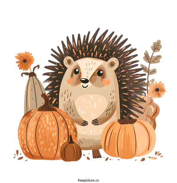 [Transparent Background PNG]Cute Hedgehog with Pumpkins and Fall Leaves Illustration