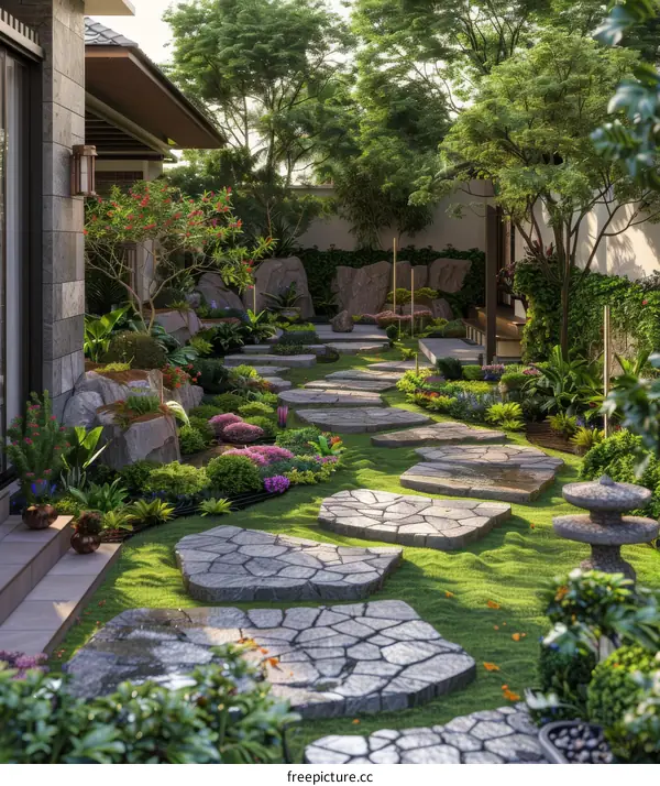 A Beautiful Garden with a Stone Path and Lush Greenery