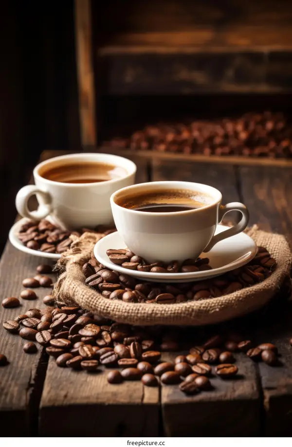 Coffee Beans and Two White Cups on a Table
