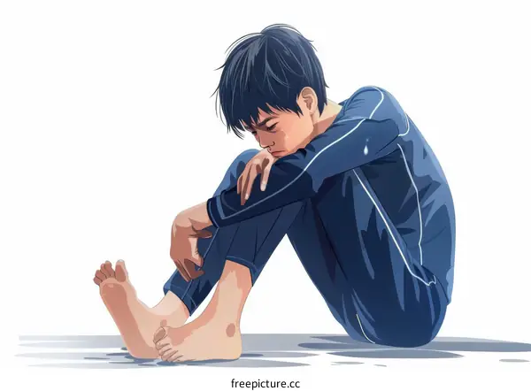 Illustration of a sad anime boy sitting on the ground