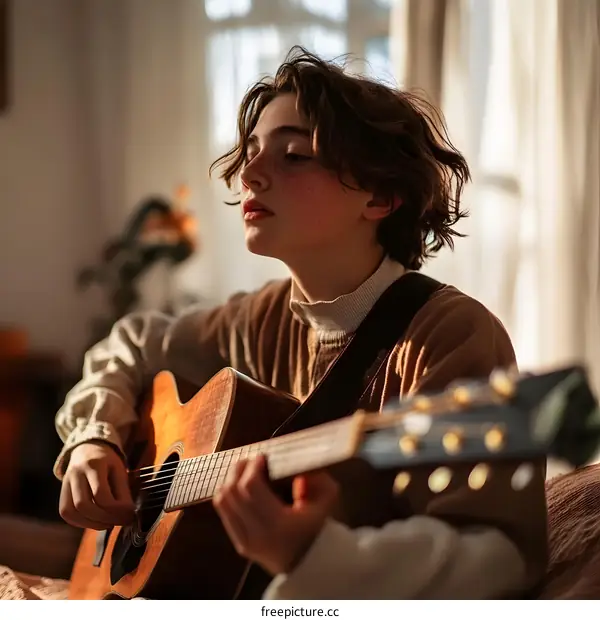 Young Boy Playing Acoustic Guitar With Natural Light
