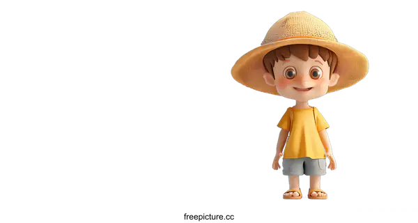 [Transparent Background PNG]Cute 3D cartoon boy character wearing a straw hat and yellow shirt