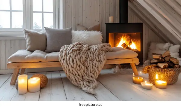 Cozy Wooden Sofa by the Fireplace in a Rustic Cabin