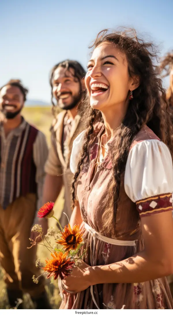 Laughing woman holding bouquet of flowers with friends in the background